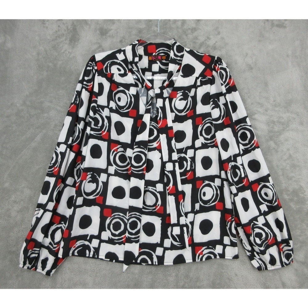 Isle Top Womens Size S Geometric Tie Neck Button Front Office Career Artsy Red